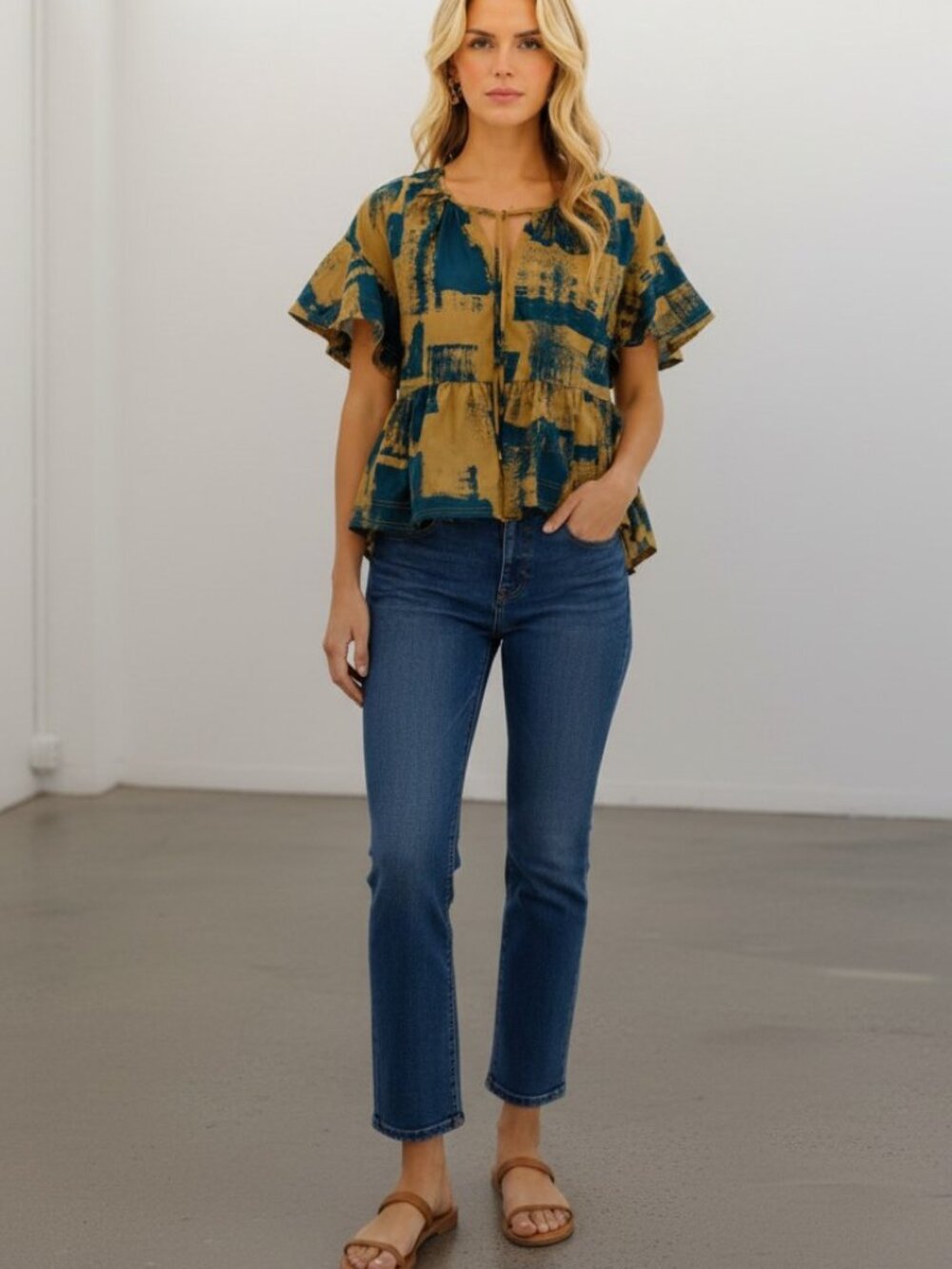 Entro Boho Flutter Sleeve Peplum Top Mustard Blue NWT Small